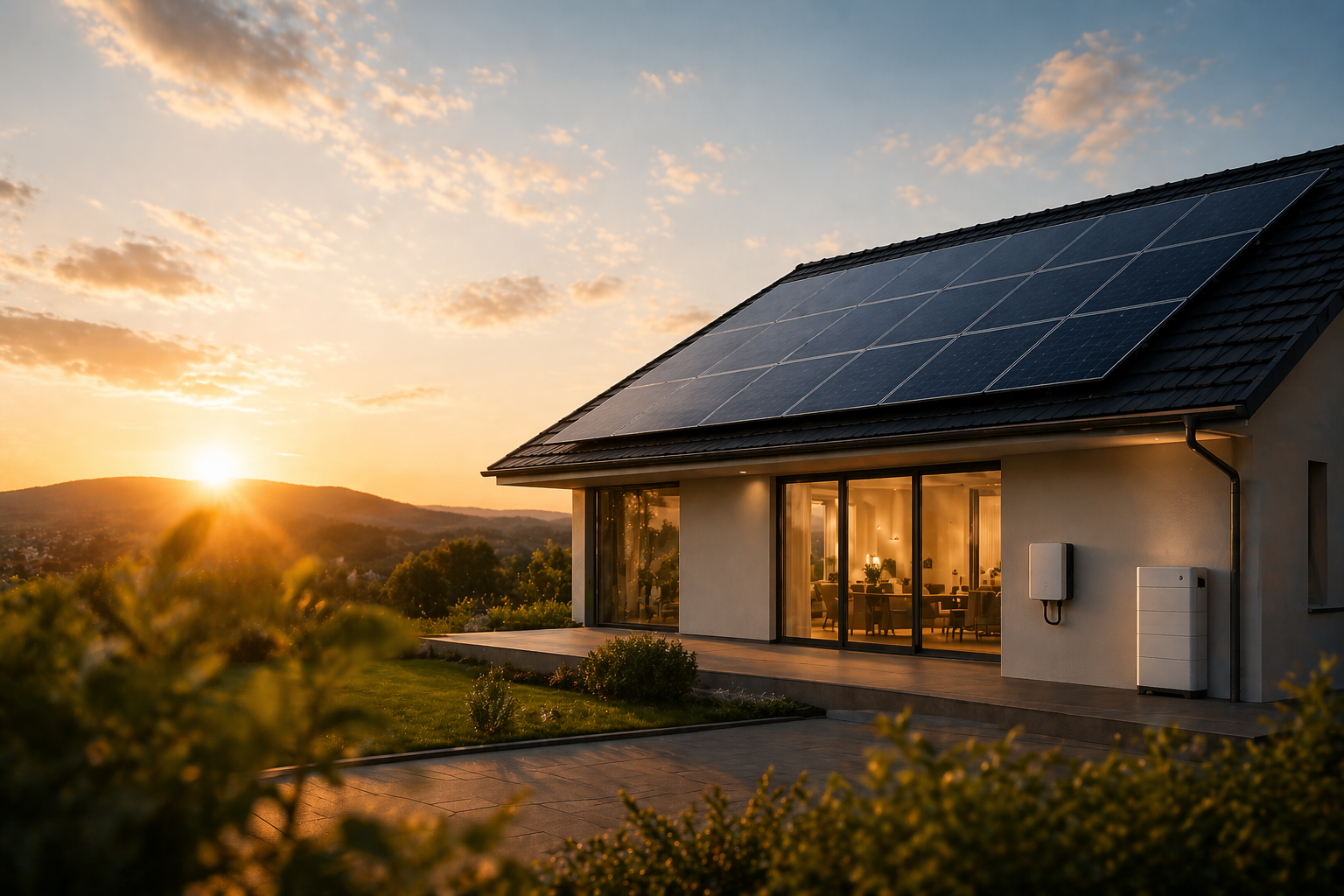 Modernes Haus mit Solaranlage und Energiespeicher